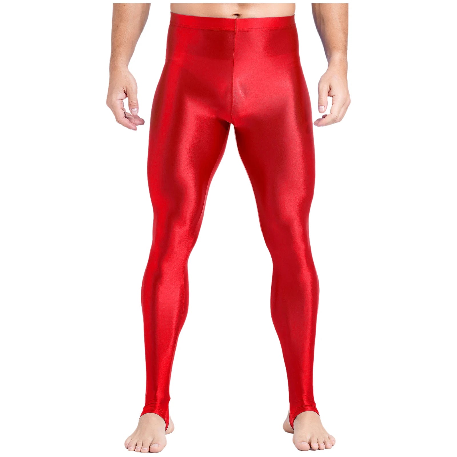 Mens Glossy Sports Pants Stirrup Leggings High Waist Elastic Waist Tights Gym Workout Pants Tummy Control Yoga Fitness Pants