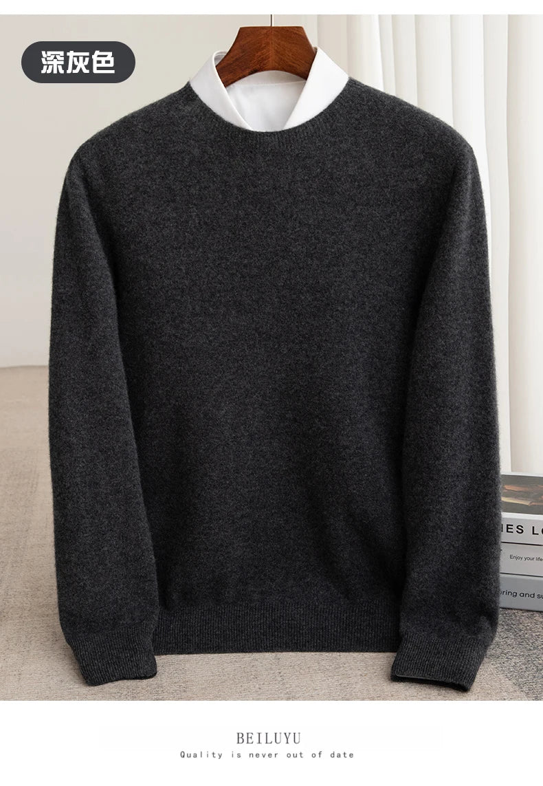 Autumn And Winter 100% Pure Wool Men's Thick Round Neck Slim-Fit  O-neck Pullover Long-Sleeved Knitted Cashmere Sweater