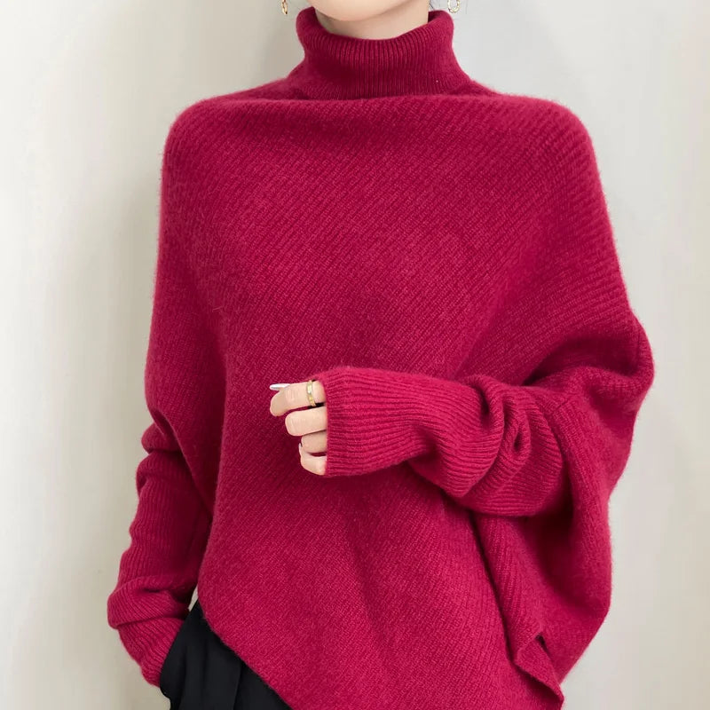 100% Merino Wool Autumn Winter Batwing Sleeves High Neck Pullover Long Sleeve Knitwear Trendy Stylish Warm Women Cashmere Top