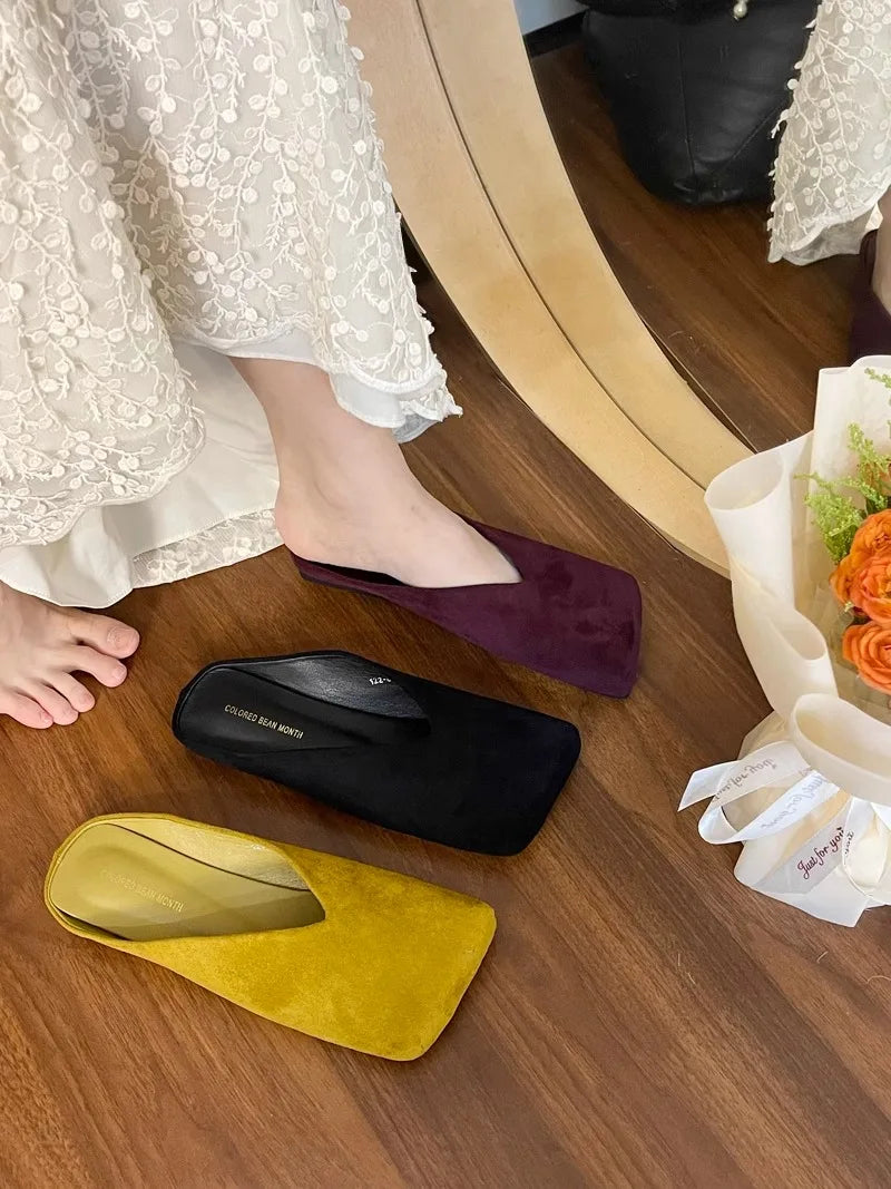 Suede Flats Women Cotton Slippers Square Toe Fashion Mules Shoes Casual Slingback Women's Winter Boots Trend Mujer Zapatos