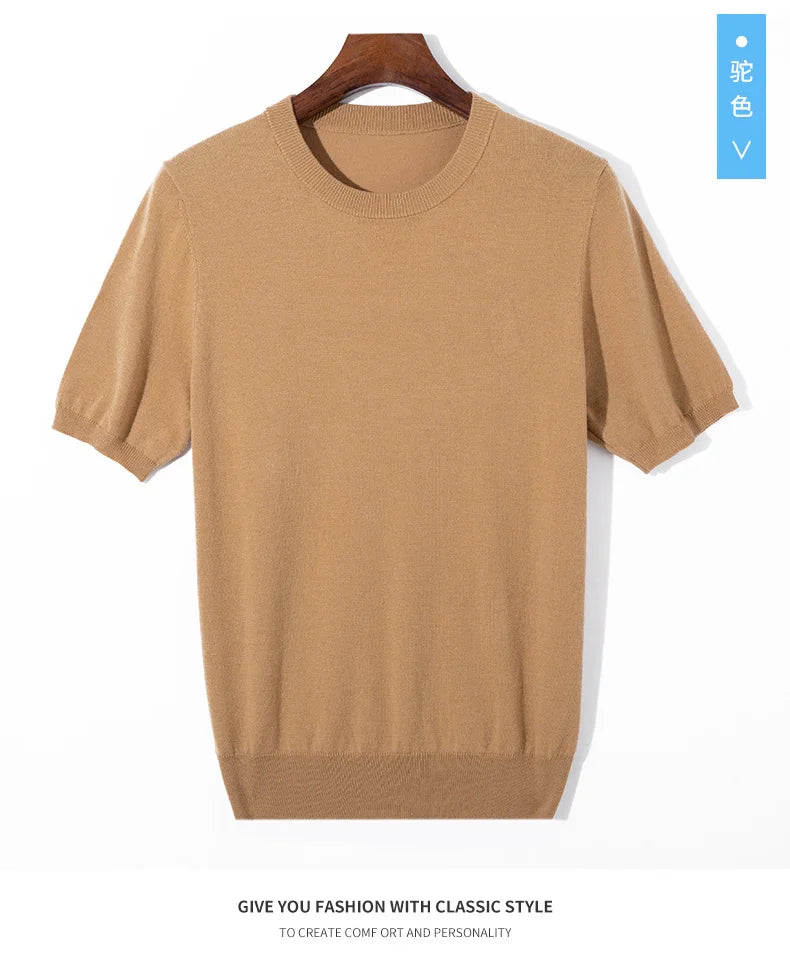 Summer Classic Short Sleeve Men Knitwear Silk Wool blend Sweater O-Neck Loose Cool Quality Business Pullover Basic Clothing Tops