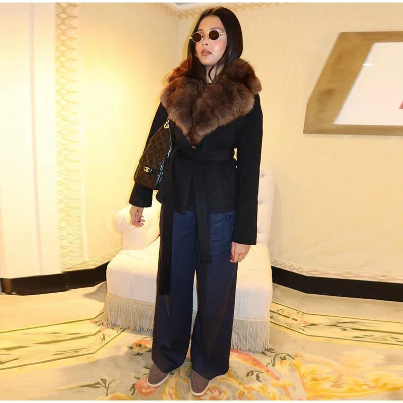 Elegant Shawl Faux Fur Women Coat Lace Up Full Sleeve Belted Waist Lapel Woolen Female Jacket 2025 Autumn Winter Lady Outwears