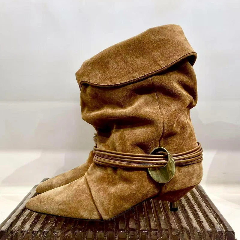Liyke Fashion Design Fold Pleated Ankle Boots For Women Winter Street Vintage Pointed Toe Strange Low Heels Runway Shoes Brown