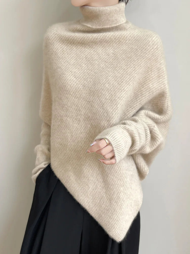 100% Merino Wool Autumn Winter Batwing Sleeves High Neck Pullover Long Sleeve Knitwear Trendy Stylish Warm Women Cashmere Top