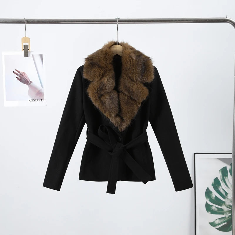 Elegant Shawl Faux Fur Women Coat Lace Up Full Sleeve Belted Waist Lapel Woolen Female Jacket 2025 Autumn Winter Lady Outwears