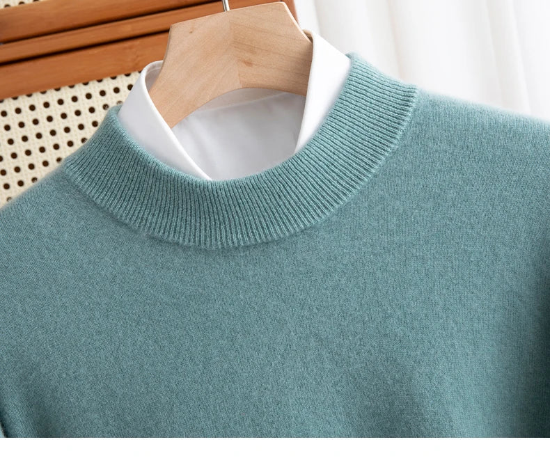New Fashion Men's 100% Wool Pullover Half-high Collar Sweater Autumn Winter Warm Solid Color Knit Sweater Business Casual Top
