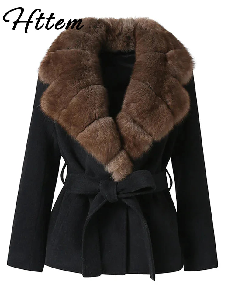 Elegant Shawl Faux Fur Women Coat Lace Up Full Sleeve Belted Waist Lapel Woolen Female Jacket 2025 Autumn Winter Lady Outwears