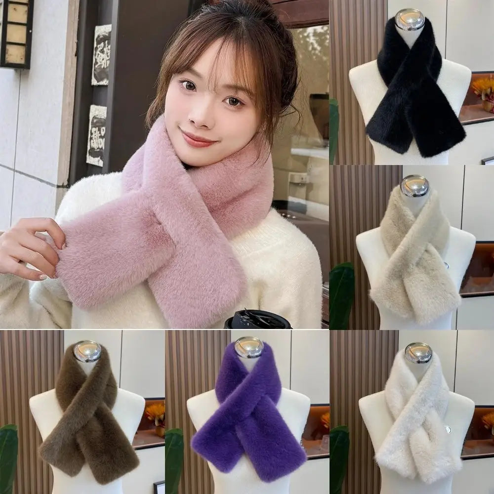 Women Winter Warm Thicken Cross Collar Scarf Solid Color Faux Rabbit Fur Cold Proof Scarves Fashion Soft Furry Neck Warmer