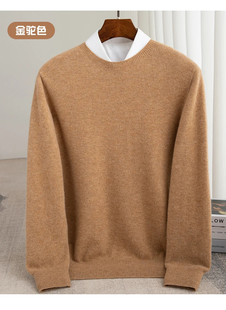 Autumn And Winter 100% Pure Wool Men's Thick Round Neck Slim-Fit  O-neck Pullover Long-Sleeved Knitted Cashmere Sweater