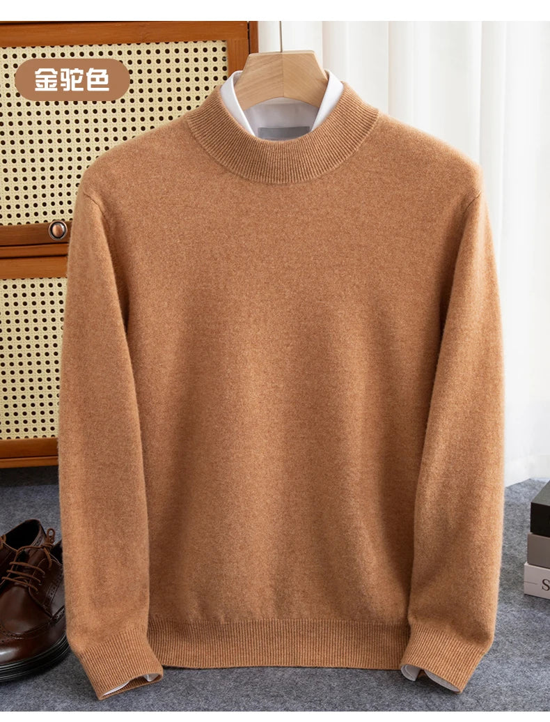 New Fashion Men's 100% Wool Pullover Half-high Collar Sweater Autumn Winter Warm Solid Color Knit Sweater Business Casual Top