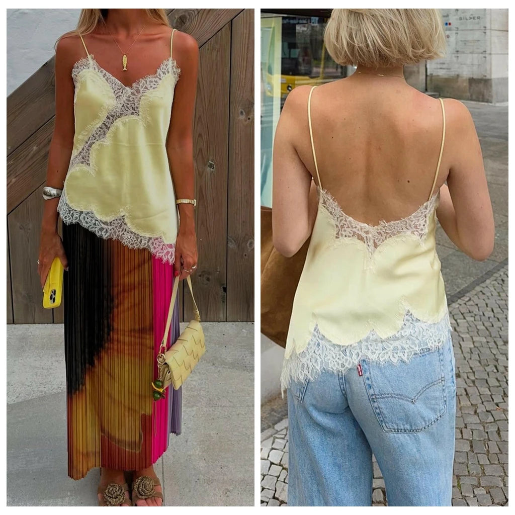 Combhasaki Women Floral Lace Trim Satin High Low Vest Silk Spaghetti Strap Side Split Asymmetrical Cami Flowy Silky Layering Top