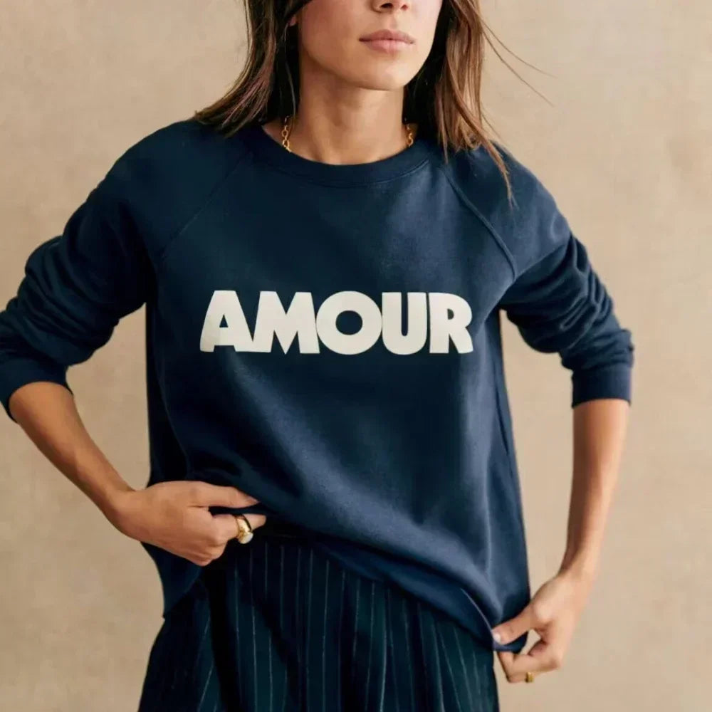 Women Early Spring New Retro Letter Love Print Loose Pullover Sweatshirt Long-sleeved Terry Sweatshirt