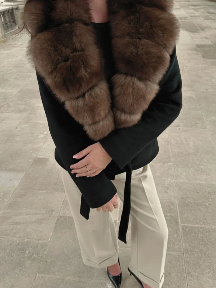 Elegant Shawl Faux Fur Women Coat Lace Up Full Sleeve Belted Waist Lapel Woolen Female Jacket 2025 Autumn Winter Lady Outwears
