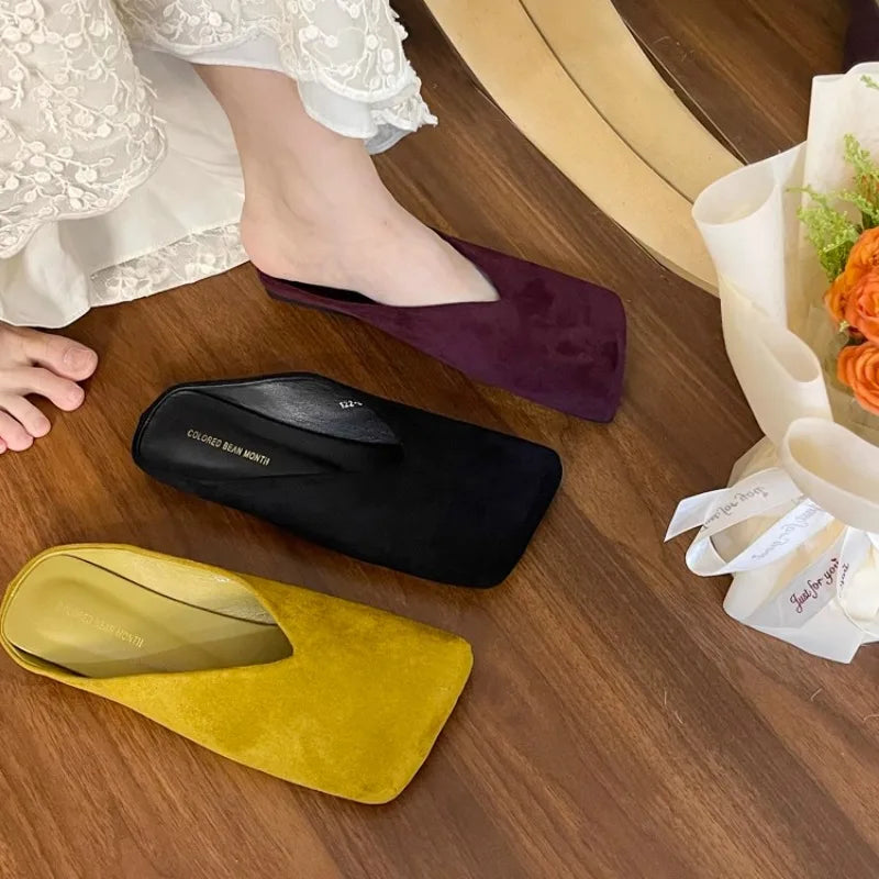 Suede Flats Women Cotton Slippers Square Toe Fashion Mules Shoes Casual Slingback Women's Winter Boots Trend Mujer Zapatos