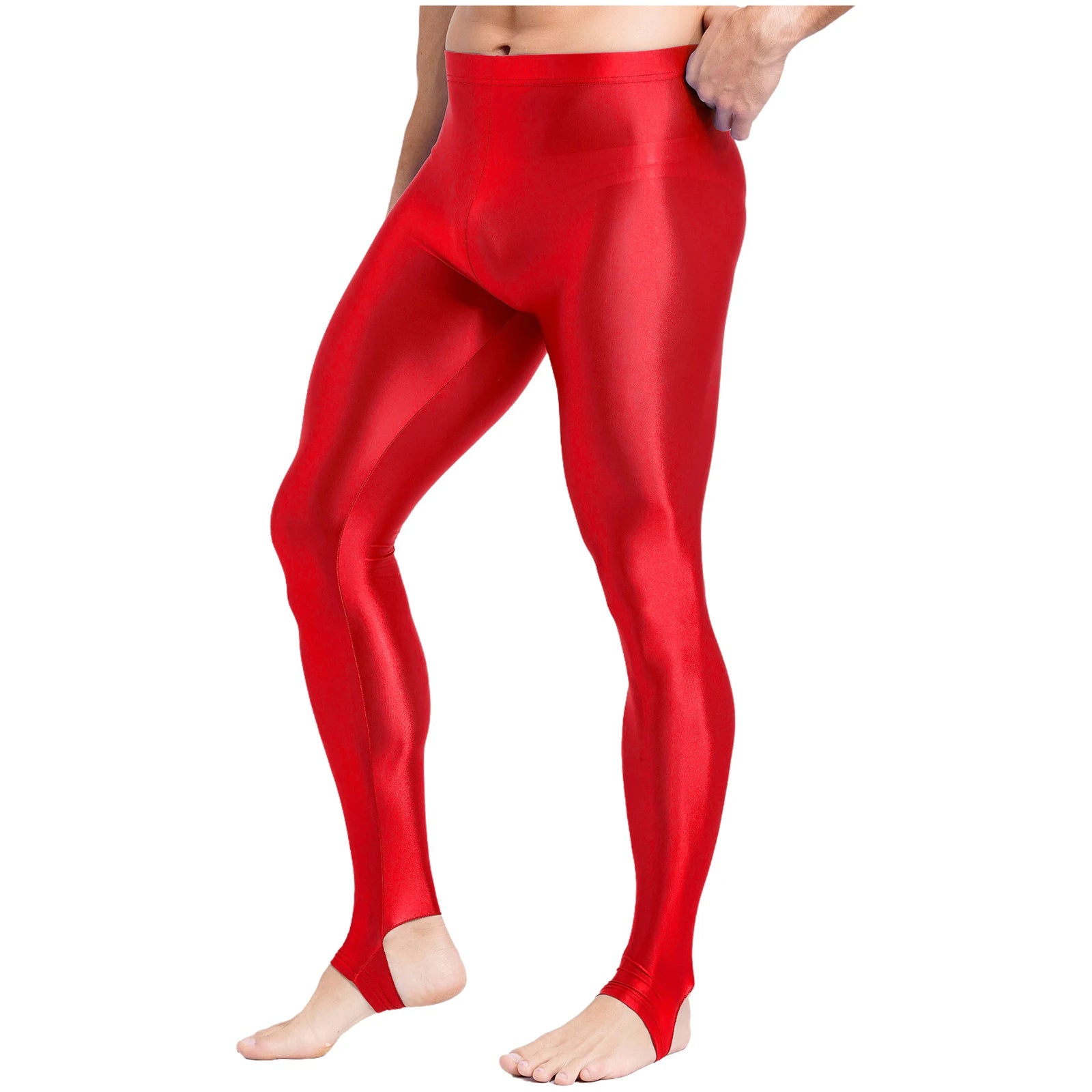 Mens Glossy Sports Pants Stirrup Leggings High Waist Elastic Waist Tights Gym Workout Pants Tummy Control Yoga Fitness Pants