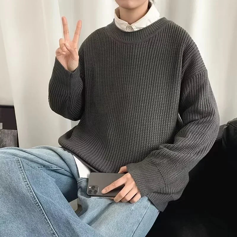 2025 Autumn Crew Neck Solid Color Pullover Sweaters For Men Casual Y2K Knitted Sweater High Street Fashion Jumpers Hombre