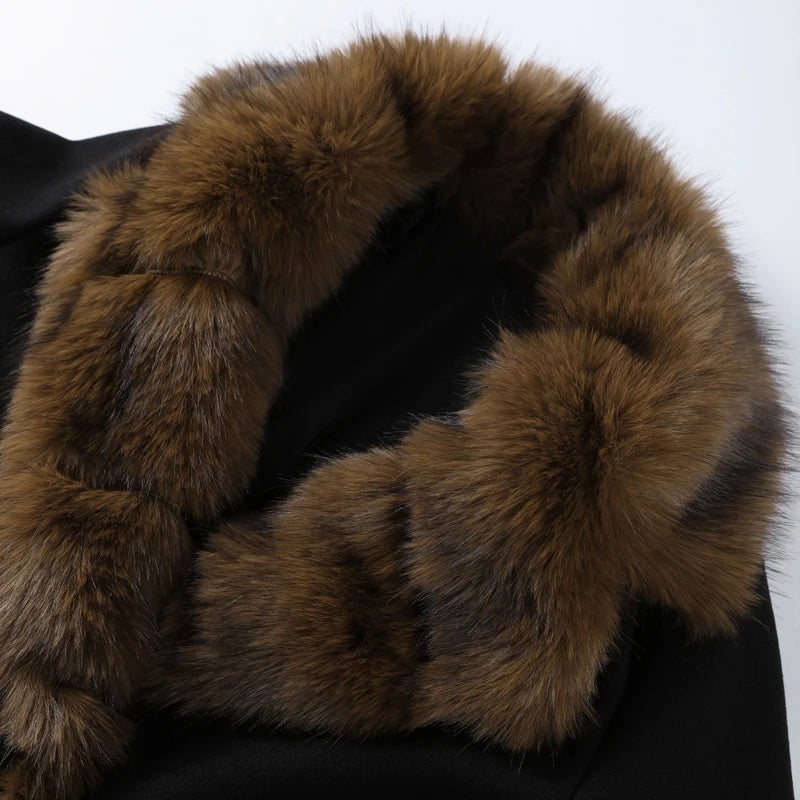 Elegant Shawl Faux Fur Women Coat Lace Up Full Sleeve Belted Waist Lapel Woolen Female Jacket 2025 Autumn Winter Lady Outwears