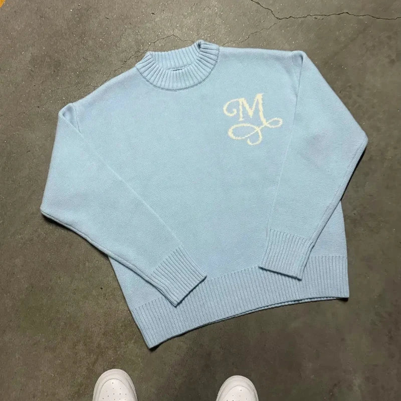 Y2K Retro Long Sleeve Sweater Signature M Logo Pattern Pullover Men New Fashion High Street Casual Streetwear Boxy Knitted Top