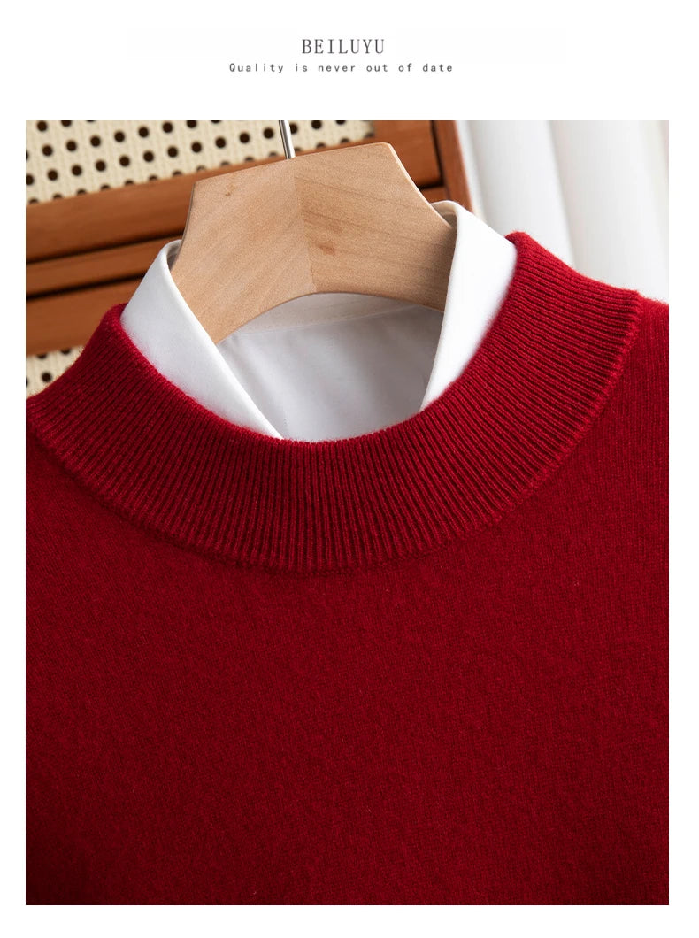 New Fashion Men's 100% Wool Pullover Half-high Collar Sweater Autumn Winter Warm Solid Color Knit Sweater Business Casual Top