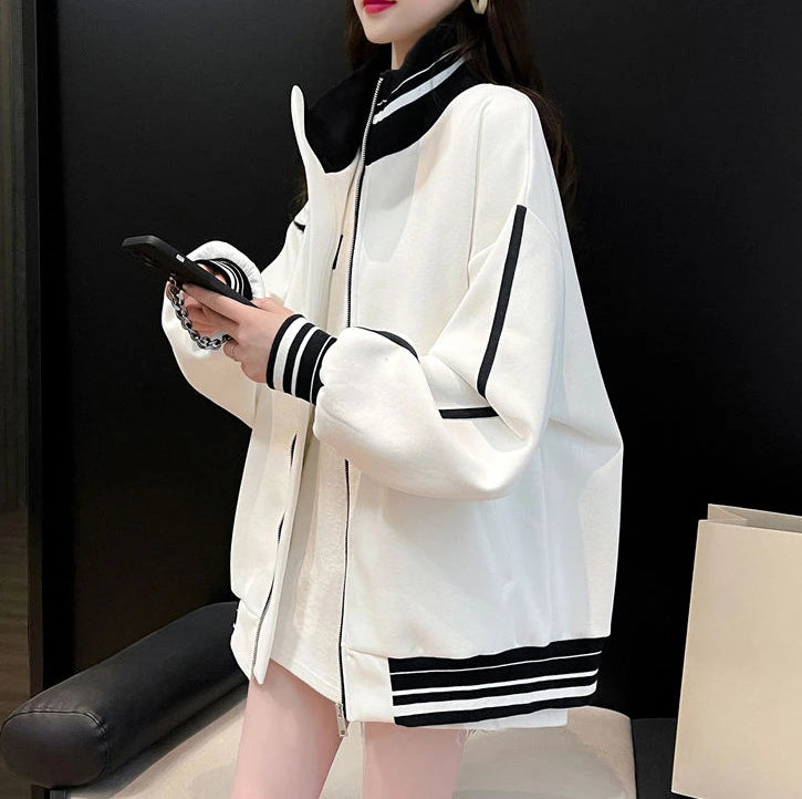 Female Clothes Black Sweatshirts for Women Full Zip Up Tops with Zipper Coat Striped Y2k Hoodie 2000s Long Sleeve Style Matching