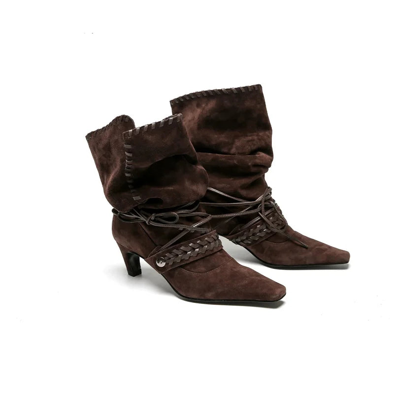 Liyke Autumn Winter Brown Suede Weave Lace-up Women Fold Pleated Ankle Boots Fashion Thin Low Heels Chelsea Western Ladies Shoes