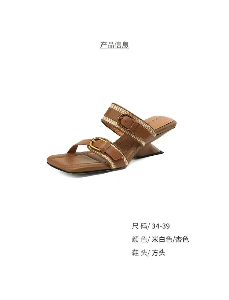 Vintage Braided Belt Buckle Open Toe Wedges Women's Summer New Square-toed High-heeled Slippers