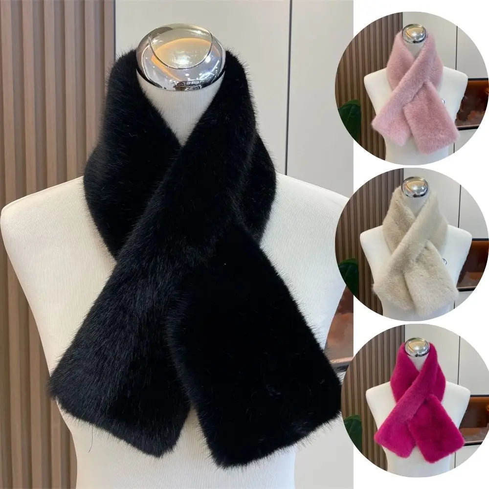 Women Winter Warm Thicken Cross Collar Scarf Solid Color Faux Rabbit Fur Cold Proof Scarves Fashion Soft Furry Neck Warmer