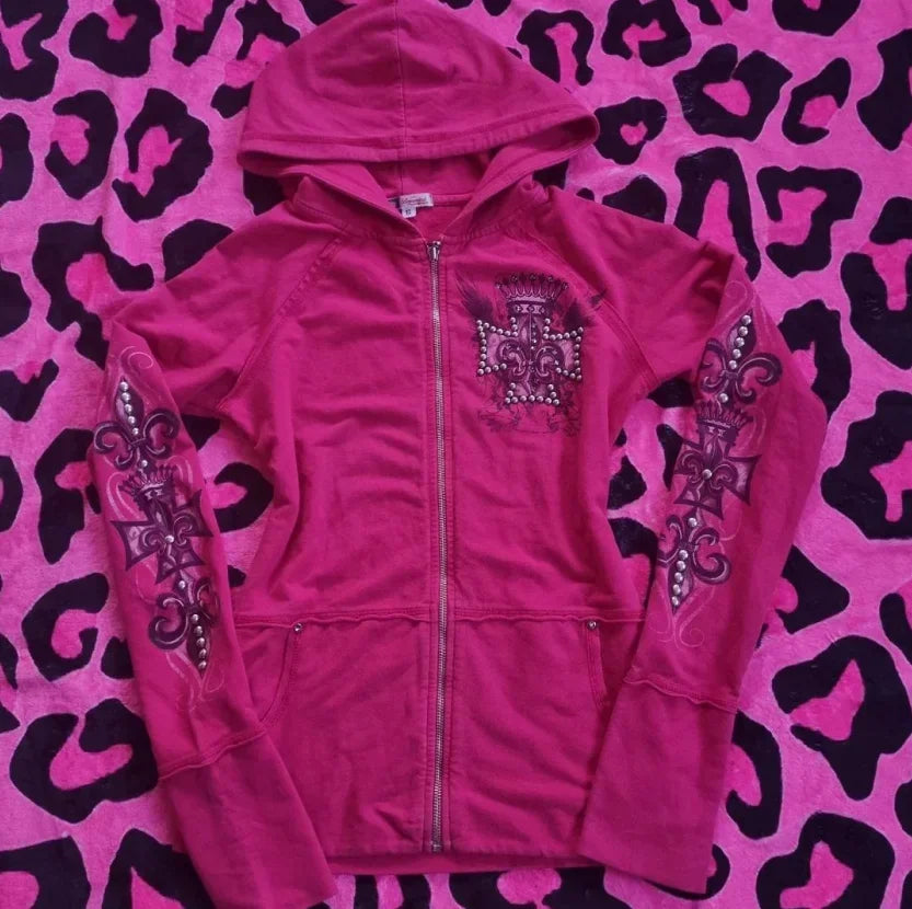 Gothic street Harajuku exquisite diamond print zipper hooded jacket for women retro casual design y2k style slim cardigan jacket