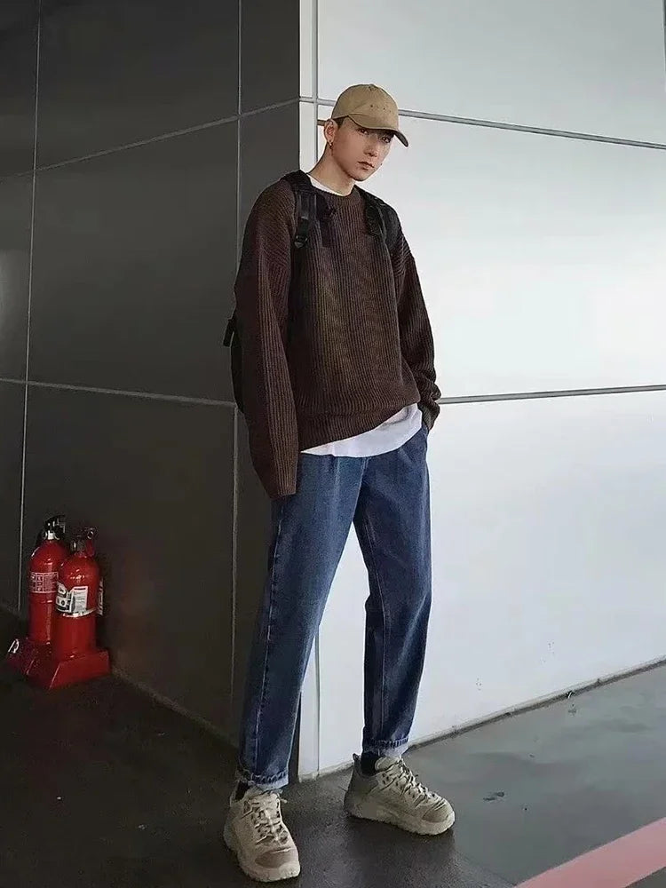 2025 Autumn Crew Neck Solid Color Pullover Sweaters For Men Casual Y2K Knitted Sweater High Street Fashion Jumpers Hombre