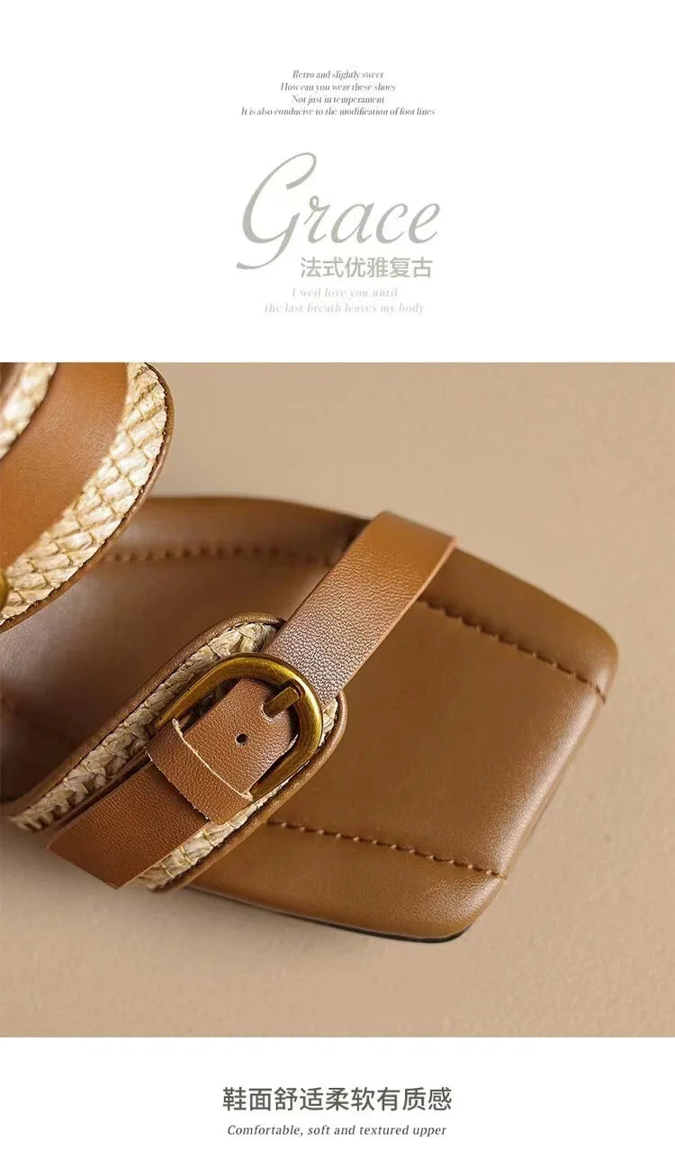 Vintage Braided Belt Buckle Open Toe Wedges Women's Summer New Square-toed High-heeled Slippers