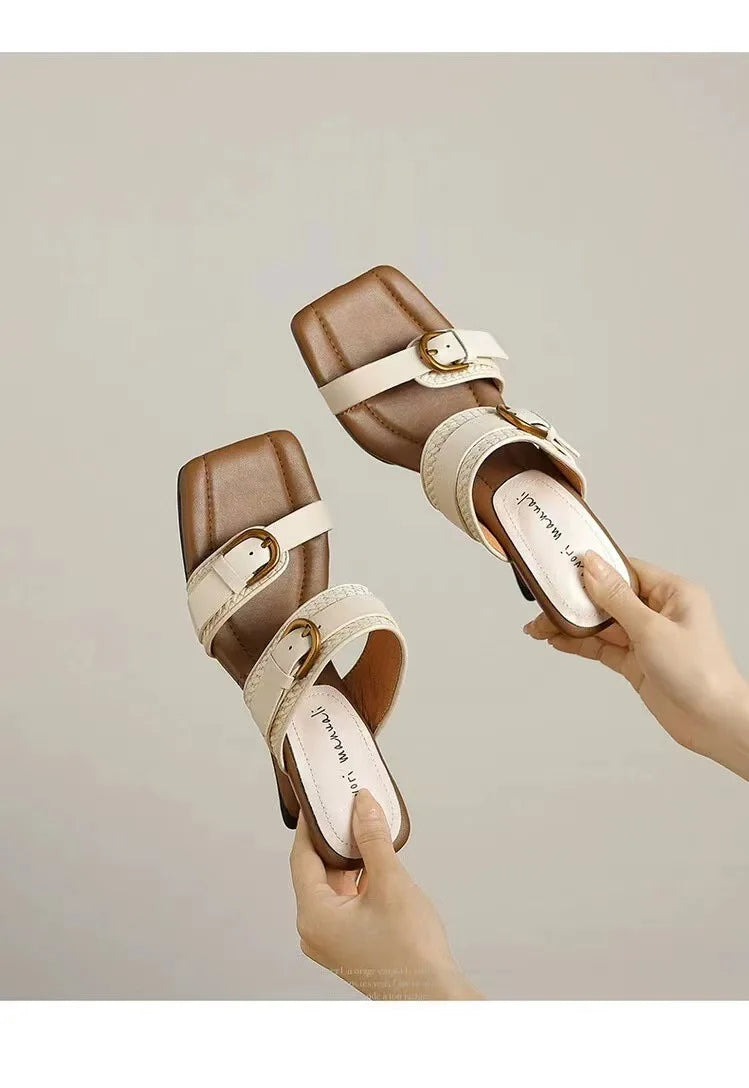 Vintage Braided Belt Buckle Open Toe Wedges Women's Summer New Square-toed High-heeled Slippers