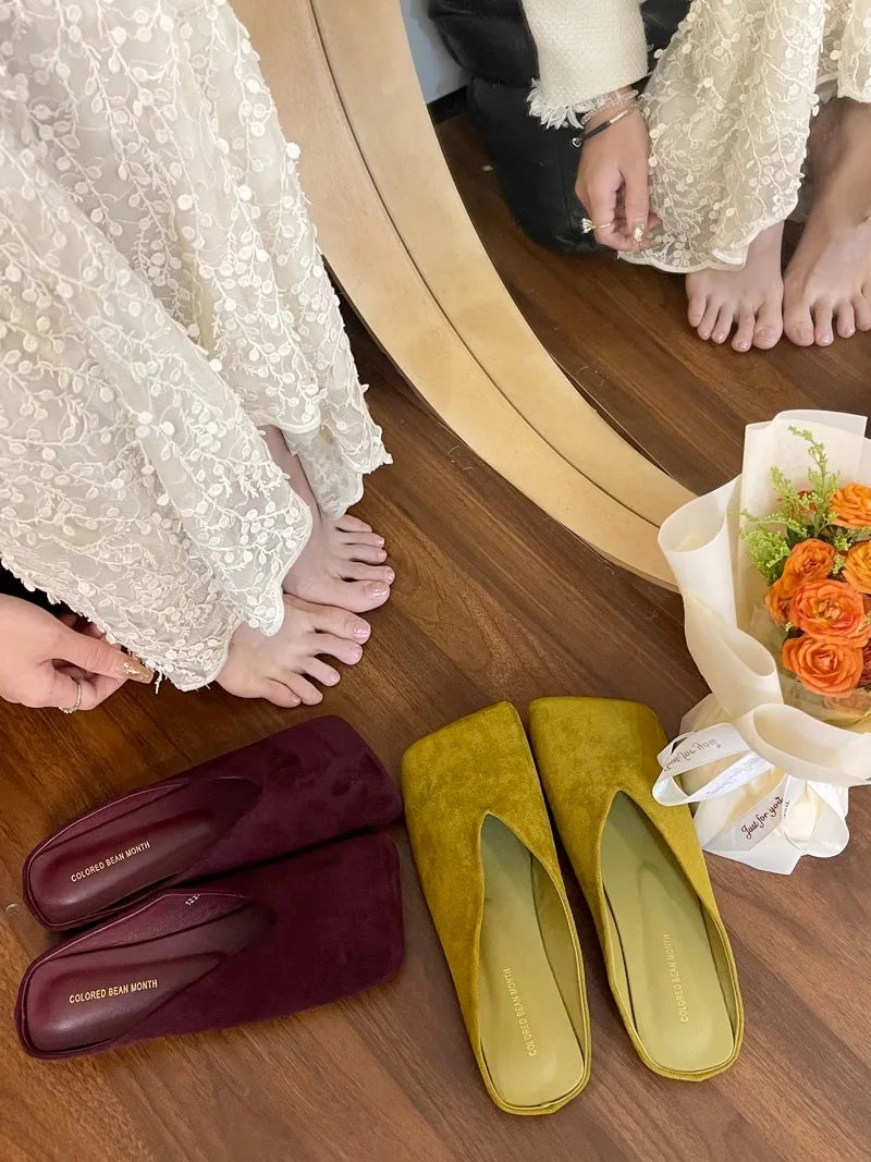 Suede Flats Women Cotton Slippers Square Toe Fashion Mules Shoes Casual Slingback Women's Winter Boots Trend Mujer Zapatos