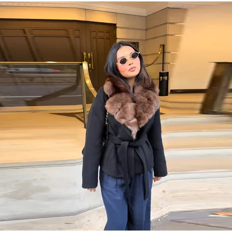 Elegant Shawl Faux Fur Women Coat Lace Up Full Sleeve Belted Waist Lapel Woolen Female Jacket 2025 Autumn Winter Lady Outwears