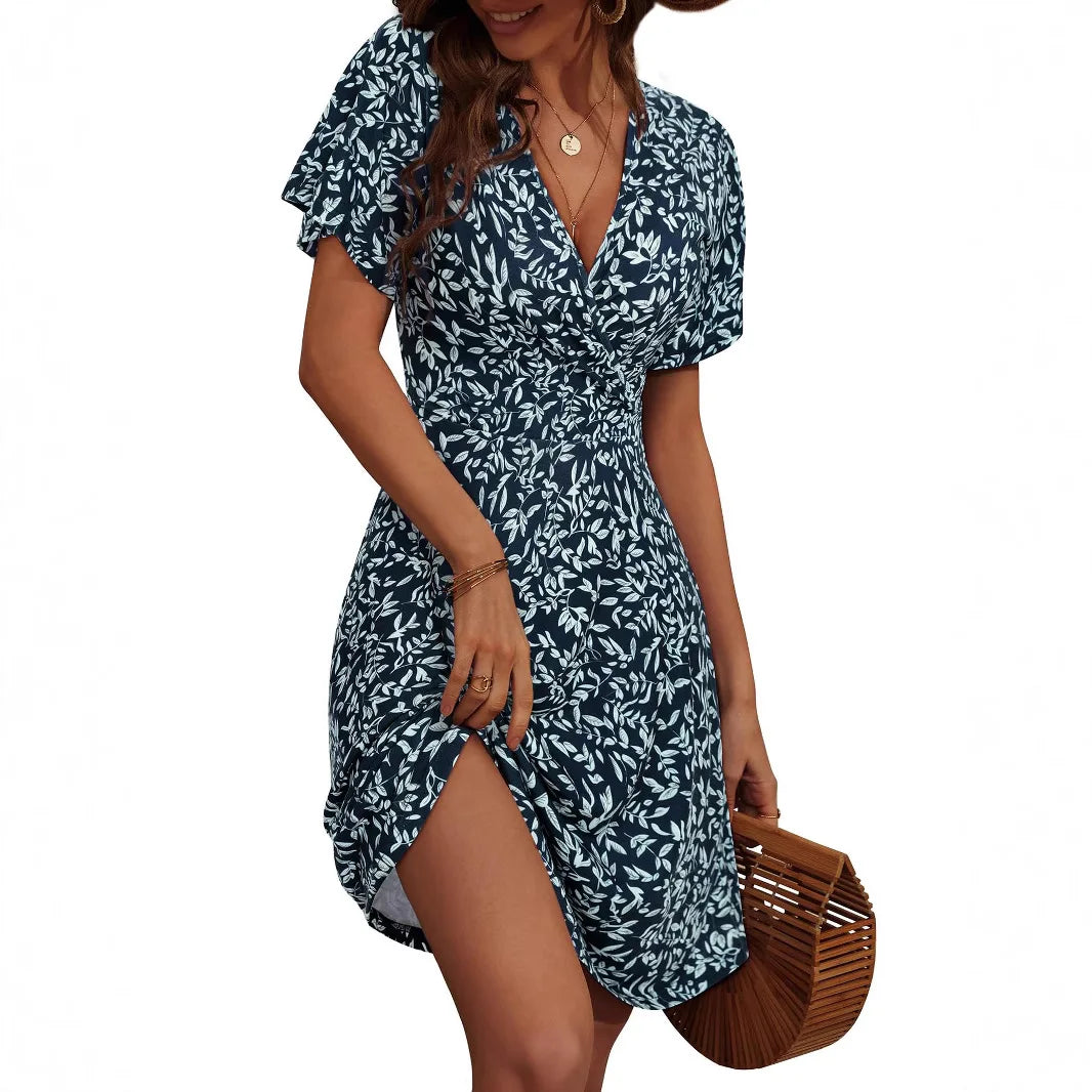 2025 Cross-border Amazon independent station explosion, summer flower short-sleeved package V-neck A line Midi dress