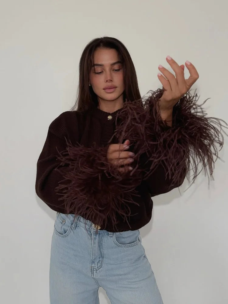 Feather Patchwork Knitted Cardigan Women Chic O-neck Long Sleeve Single-breasted Short Sweater 2025 Lady High Street Knitwear 