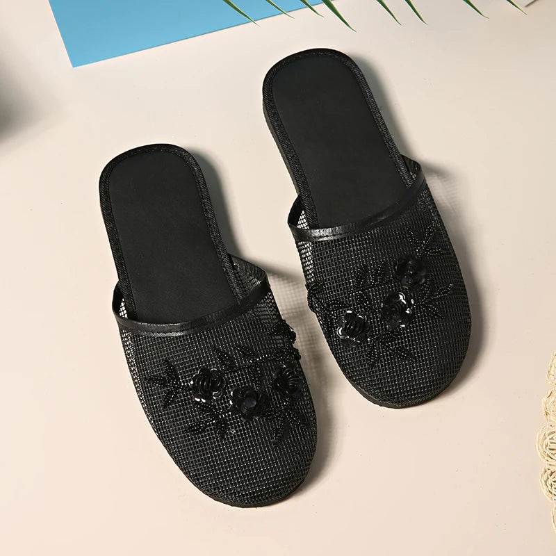 Shoes for Women 2025 Hot Sale Baotou Women's Slippers Fashion Crystal Floral Daily Slippers Women New Mesh Flat Slippers Zapatos