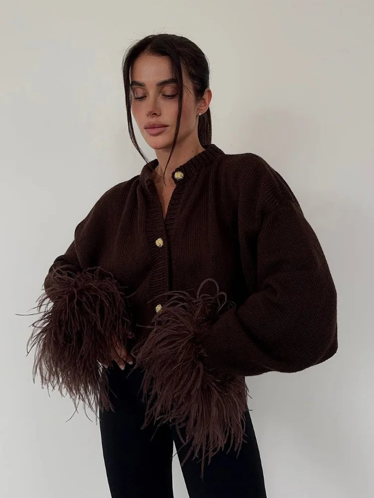 Feather Patchwork Knitted Cardigan Women Chic O-neck Long Sleeve Single-breasted Short Sweater 2025 Lady High Street Knitwear 