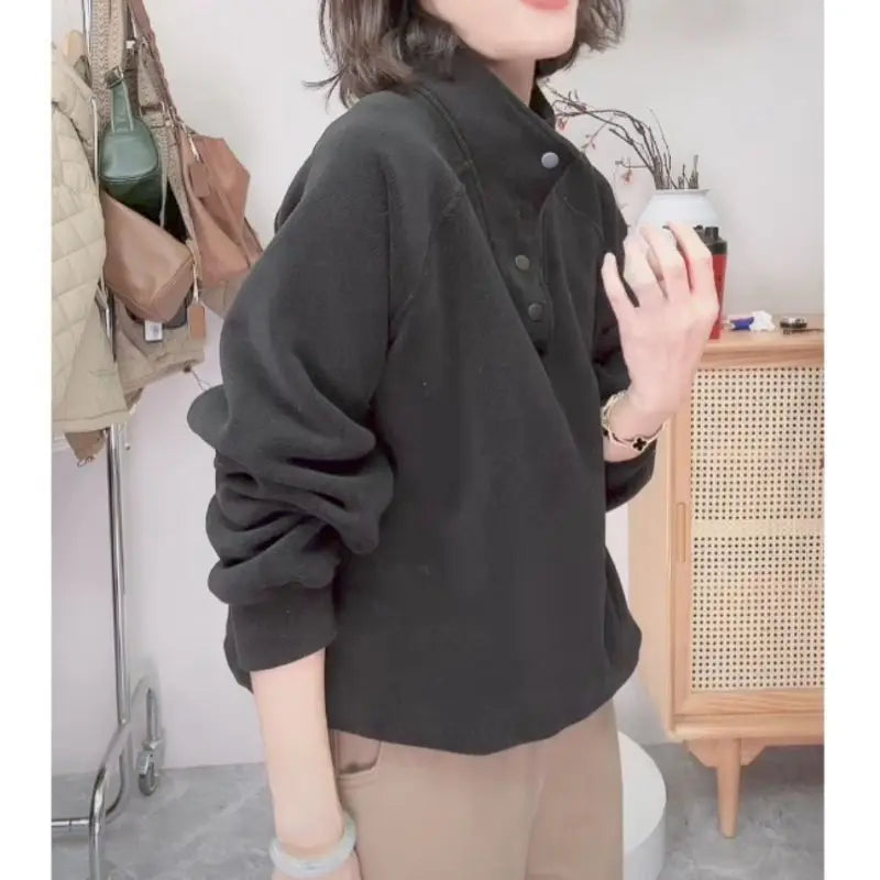 No Hat Hoodies Women Autumn College Basic Solid Casual All-match Stand Collar Button Trendy High Street Korean Style Mujer Cozy