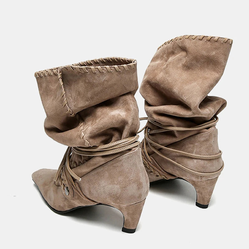 Liyke Autumn Winter Brown Suede Weave Lace-up Women Fold Pleated Ankle Boots Fashion Thin Low Heels Chelsea Western Ladies Shoes