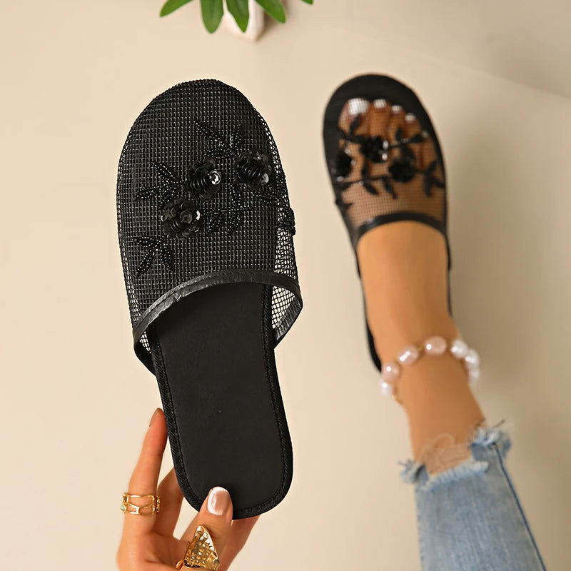 Shoes for Women 2025 Hot Sale Baotou Women's Slippers Fashion Crystal Floral Daily Slippers Women New Mesh Flat Slippers Zapatos