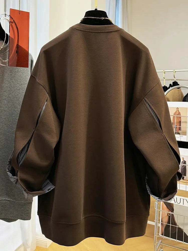 Autumn and Winter Women's Pullover Round Neck Hoodie Lazy Style Splicing Design Fake Two Piece Loose Long Sleeve Tops