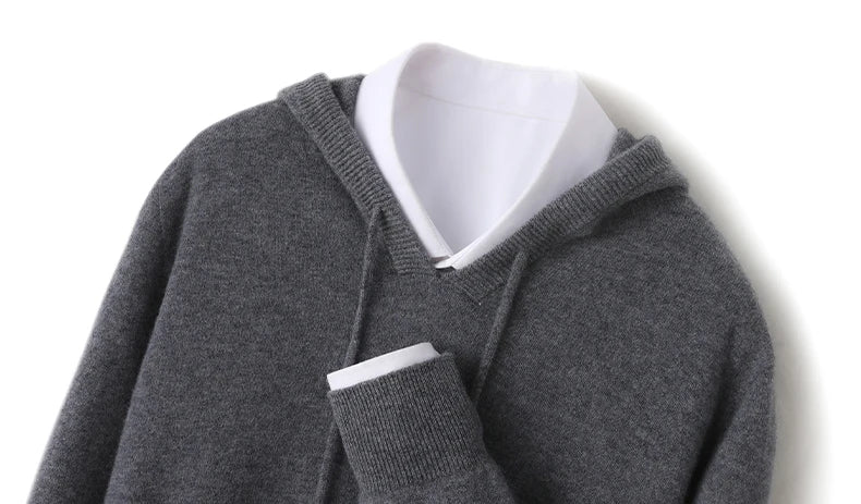 Fall/Winter 100% Pure Wool Men's Hooded Loose Thick Sweater Fashion Long Sleeve Casual Knit Top