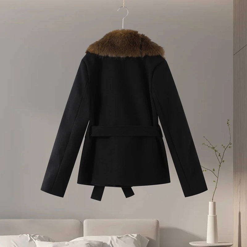 Elegant Shawl Faux Fur Women Coat Lace Up Full Sleeve Belted Waist Lapel Woolen Female Jacket 2025 Autumn Winter Lady Outwears