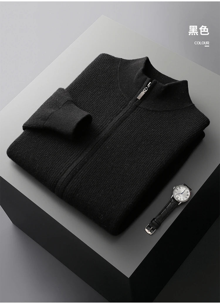 LHZSYY Men's Cashmere Knit Cardigan Middle-Aged Stand-up Collar Zip-up Coat 100%Pure Wool Autumn Winter Thick Sweater Men Jacket