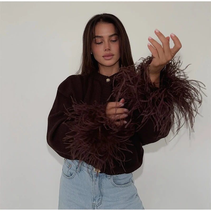 Feather Patchwork Knitted Cardigan Women Chic O-neck Long Sleeve Single-breasted Short Sweater 2025 Lady High Street Knitwear 