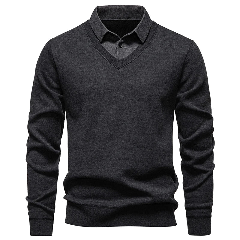 Autumn Winter Men's Fake Two-Piece Knitted Pullovers Fashion Slim Fit Turn Down Collar Knit Sweater Men Fleece Warm Pullovers