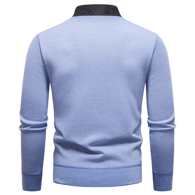 Autumn Winter Men's Fake Two-Piece Knitted Pullovers Fashion Slim Fit Turn Down Collar Knit Sweater Men Fleece Warm Pullovers
