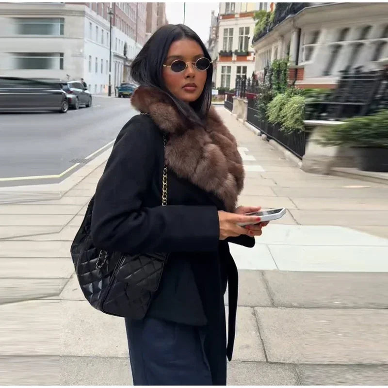 Elegant Shawl Faux Fur Women Coat Lace Up Full Sleeve Belted Waist Lapel Woolen Female Jacket 2025 Autumn Winter Lady Outwears