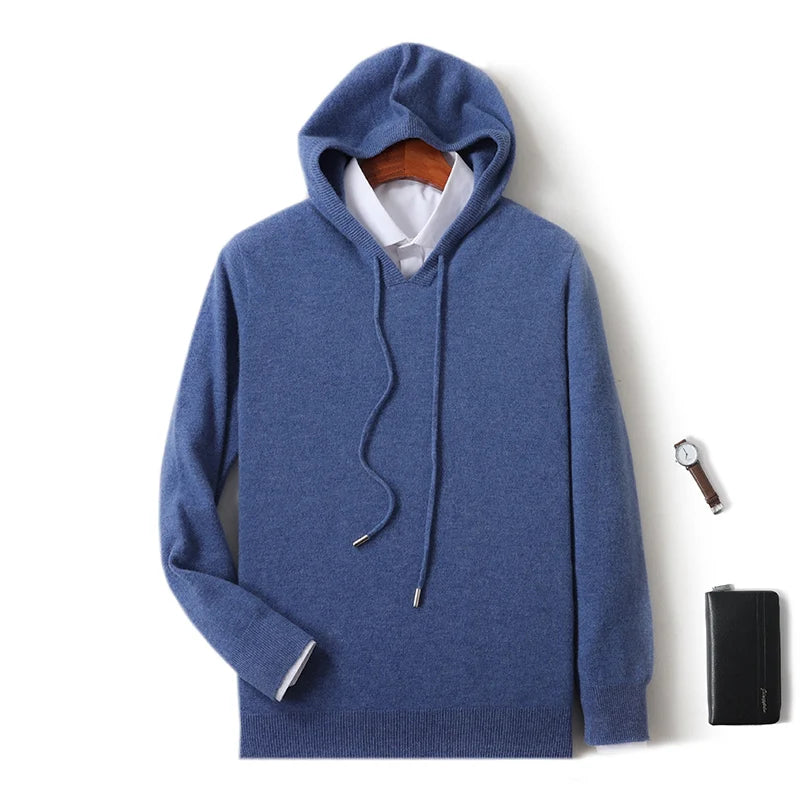 Fall/Winter 100% Pure Wool Men's Hooded Loose Thick Sweater Fashion Long Sleeve Casual Knit Top