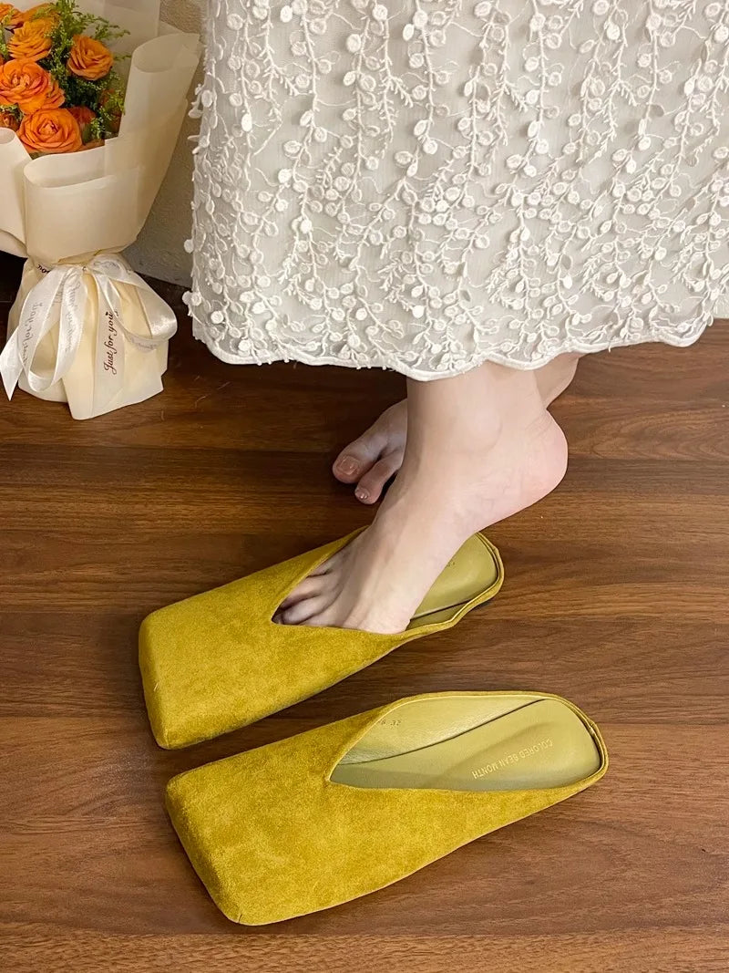 Suede Flats Women Cotton Slippers Square Toe Fashion Mules Shoes Casual Slingback Women's Winter Boots Trend Mujer Zapatos